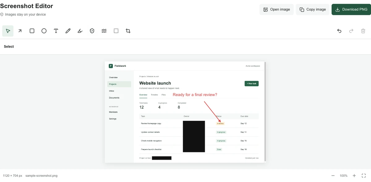 Screenshot Editor with a project screenshot, a red arrow and opaque privacy covers